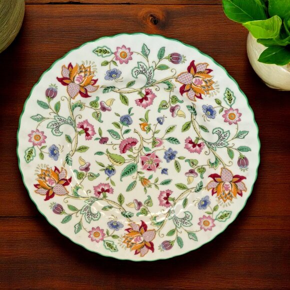 Minton Haddon Hall Floral Chintz Green Trimmed Swirl Pattern 10.75" Dinner Plate - Picture 1 of 5